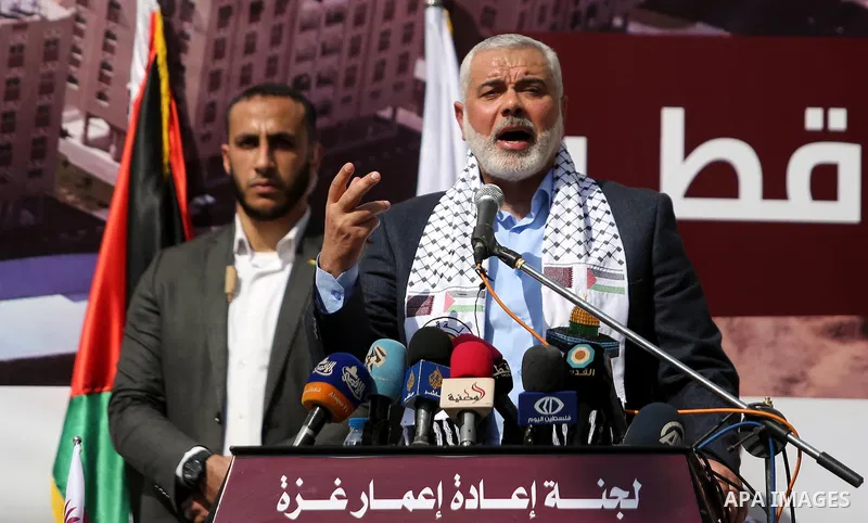 Hamas leader Ismail Haniyeh speaks during the ceremony of the second phase of the Sheikh Hamad Town, in Khan Younis in the southern Gaza strip, on February 11, 2017. Photo by Ashraf Amra