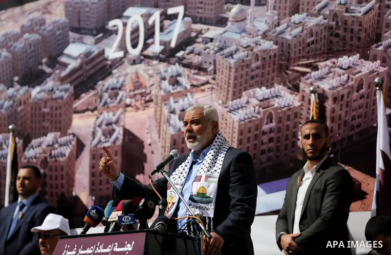 Hamas leader Ismail Haniyeh speaks during the ceremony of the second phase of the Sheikh Hamad Town, in Khan Younis in the southern Gaza strip, on February 11, 2017. Photo by Ashraf Amra