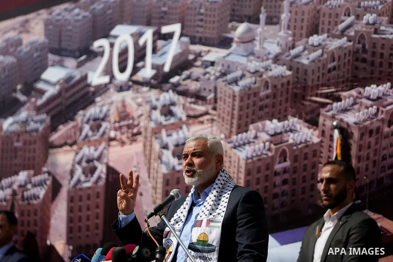Hamas leader Ismail Haniyeh speaks during the ceremony of the second phase of the Sheikh Hamad Town, in Khan Younis in the southern Gaza strip, on February 11, 2017. Photo by Ashraf Amra