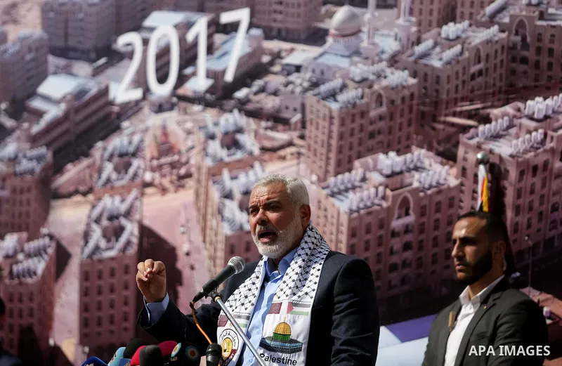 Hamas leader Ismail Haniyeh speaks during the ceremony of the second phase of the Sheikh Hamad Town, in Khan Younis in the southern Gaza strip, on February 11, 2017. Photo by Ashraf Amra