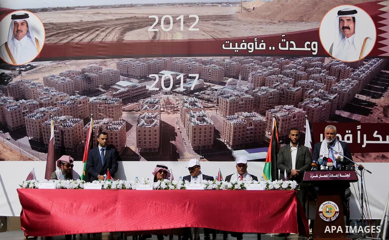 Hamas leader Ismail Haniyeh speaks during the ceremony of the second phase of the Sheikh Hamad Town, in Khan Younis in the southern Gaza strip, on February 11, 2017. Photo by Ashraf Amra