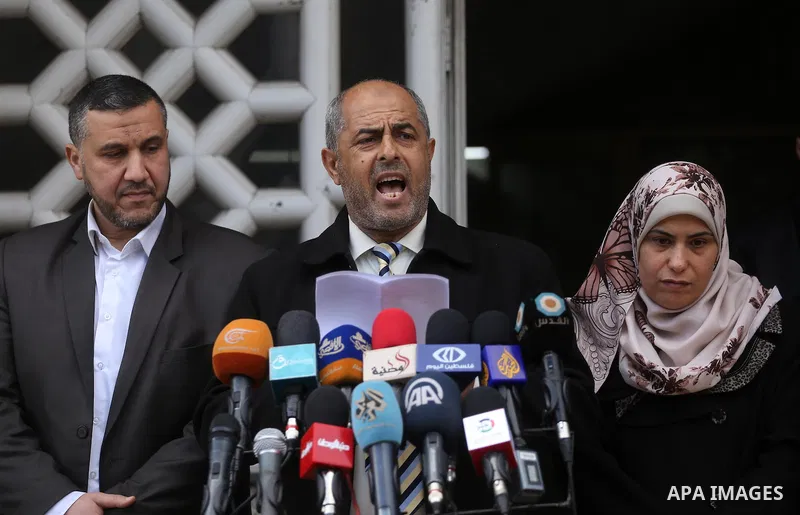 Former head of the union staff in Gaza, Mohammed Siam speaks during a press conference in Gaza city, on February 12, 2017. Photo by Mohammed Asad