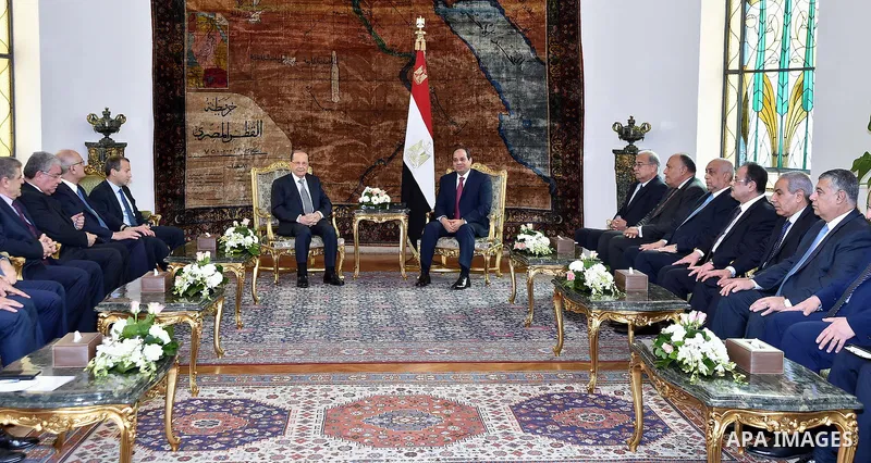 Egyptian President Abdel Fattah al-Sisi meets with Lebanese President Michel Aoun at the Presidential palace in Cairo on February 13, 2017. Aoun started his first visit to Cairo since his election in October and held tal...