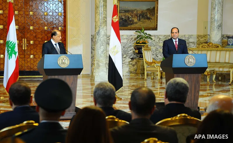 Egyptian President Abdel Fattah al-Sisi and Lebanese President Michel Aoun attend a joint a press conference at the Presidential palace in Cairo on February 13, 2017. Aoun started his first visit to Cairo since his elect...