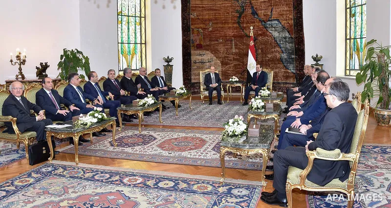 Egyptian President Abdel Fattah al-Sisi meets with Lebanese President Michel Aoun at the Presidential palace in Cairo on February 13, 2017. Aoun started his first visit to Cairo since his election in October and held tal...