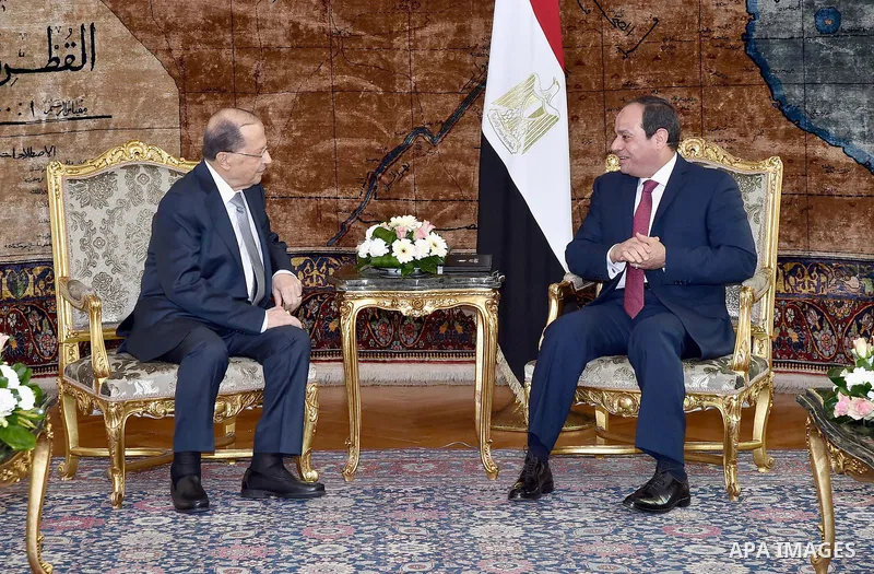 Egyptian President Abdel Fattah al-Sisi meets with Lebanese President Michel Aoun at the Presidential palace in Cairo on February 13, 2017. Aoun started his first visit to Cairo since his election in October and held tal...