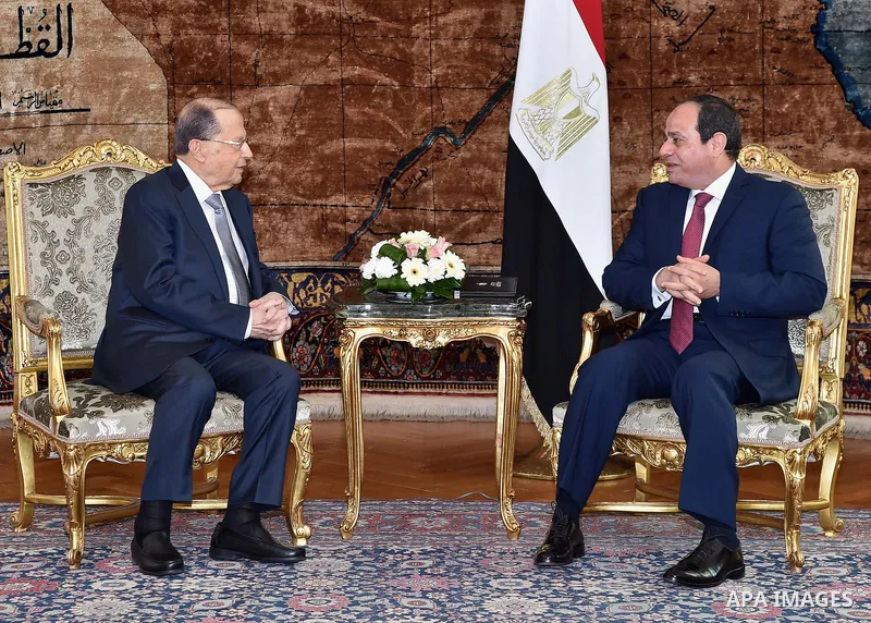 Egyptian President Abdel Fattah al-Sisi meets with Lebanese President Michel Aoun at the Presidential palace in Cairo on February 13, 2017. Aoun started his first visit to Cairo since his election in October and held tal...