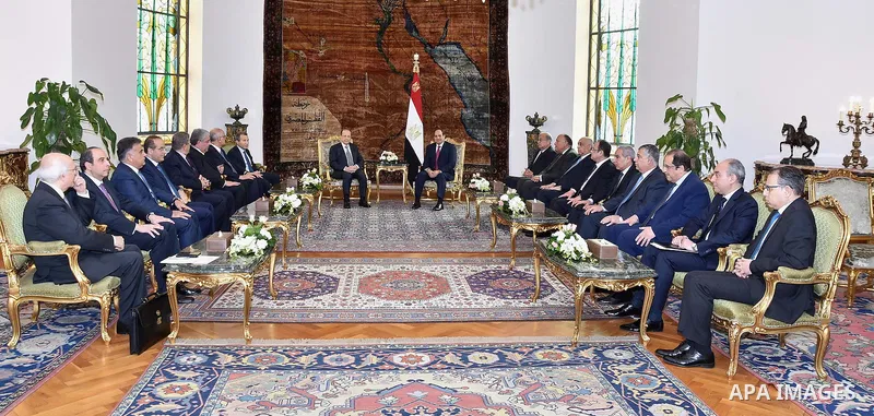 Egyptian President Abdel Fattah al-Sisi meets with Lebanese President Michel Aoun at the Presidential palace in Cairo on February 13, 2017. Aoun started his first visit to Cairo since his election in October and held tal...