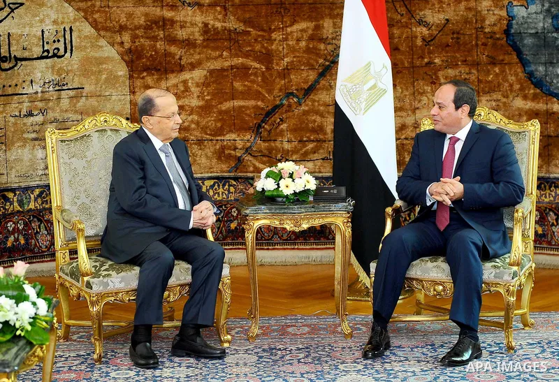 Egyptian President Abdel Fattah al-Sisi meets with Lebanese President Michel Aoun at the Presidential palace in Cairo on February 13, 2017. Aoun started his first visit to Cairo since his election in October and held tal...