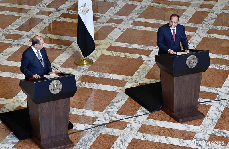 Egyptian President Abdel Fattah al-Sisi and Lebanese President Michel Aoun attend a joint a press conference at the Presidential palace in Cairo on February 13, 2017. Aoun started his first visit to Cairo since his elect...