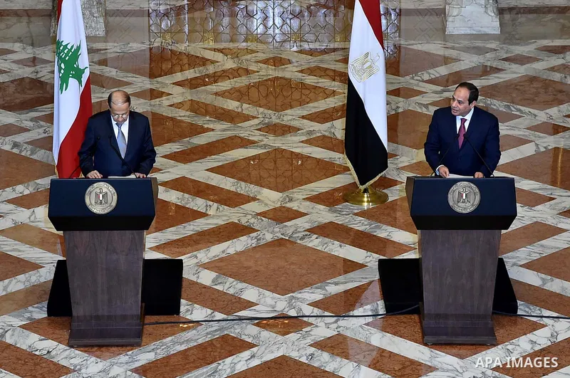 Egyptian President Abdel Fattah al-Sisi and Lebanese President Michel Aoun attend a joint a press conference at the Presidential palace in Cairo on February 13, 2017. Aoun started his first visit to Cairo since his elect...