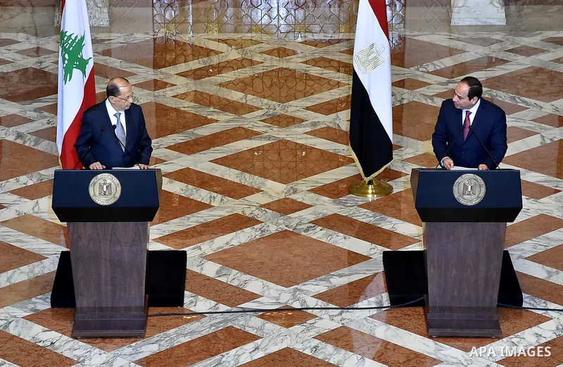 Egyptian President Abdel Fattah al-Sisi and Lebanese President Michel Aoun attend a joint a press conference at the Presidential palace in Cairo on February 13, 2017. Aoun started his first visit to Cairo since his elect...