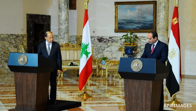 Egyptian President Abdel Fattah al-Sisi and Lebanese President Michel Aoun attend a joint a press conference at the Presidential palace in Cairo on February 13, 2017. Aoun started his first visit to Cairo since his elect...