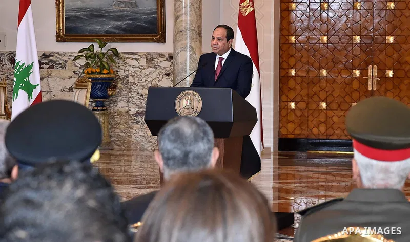Egyptian President Abdel Fattah al-Sisi and Lebanese President Michel Aoun attend a joint a press conference at the Presidential palace in Cairo on February 13, 2017. Aoun started his first visit to Cairo since his elect...