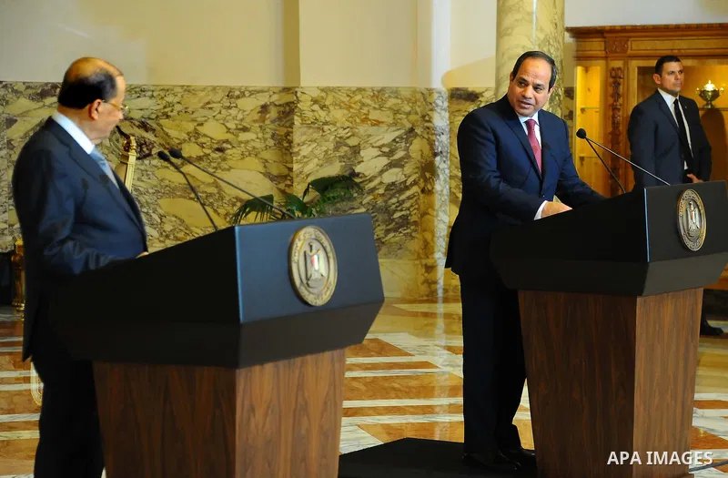 Egyptian President Abdel Fattah al-Sisi and Lebanese President Michel Aoun attend a joint a press conference at the Presidential palace in Cairo on February 13, 2017. Aoun started his first visit to Cairo since his elect...