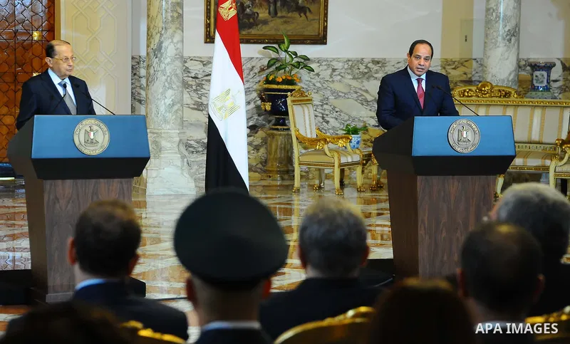 Egyptian President Abdel Fattah al-Sisi and Lebanese President Michel Aoun attend a joint a press conference at the Presidential palace in Cairo on February 13, 2017. Aoun started his first visit to Cairo since his elect...