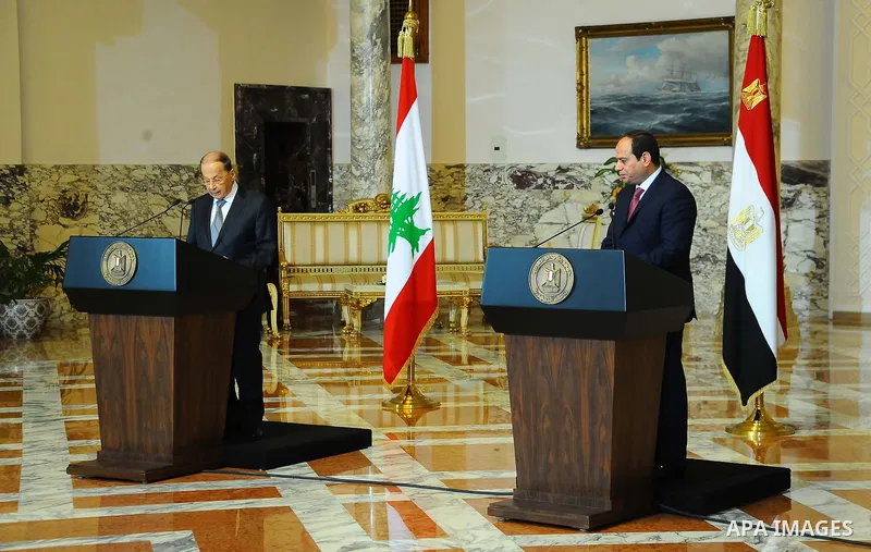 Egyptian President Abdel Fattah al-Sisi and Lebanese President Michel Aoun attend a joint a press conference at the Presidential palace in Cairo on February 13, 2017. Aoun started his first visit to Cairo since his elect...