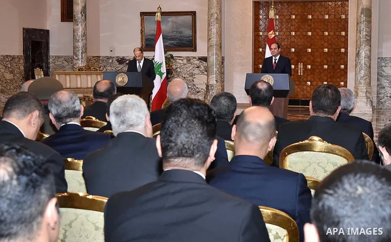 Egyptian President Abdel Fattah al-Sisi and Lebanese President Michel Aoun attend a joint a press conference at the Presidential palace in Cairo on February 13, 2017. Aoun started his first visit to Cairo since his elect...
