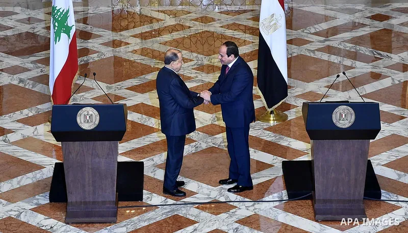 Egyptian President Abdel Fattah al-Sisi and Lebanese President Michel Aoun attend a joint a press conference at the Presidential palace in Cairo on February 13, 2017. Aoun started his first visit to Cairo since his elect...