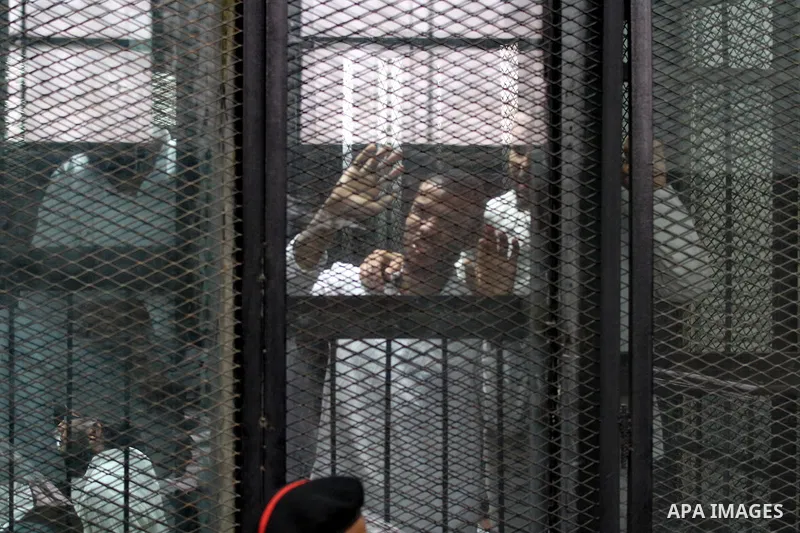 Suspects of Ansar Bait Al-Maqdis group, attend their trial in Cairo on February 14, 2017, on charges of assassination of police officers, attempted assassination of interior minister Mohamed Ibrahim and explosions near s...