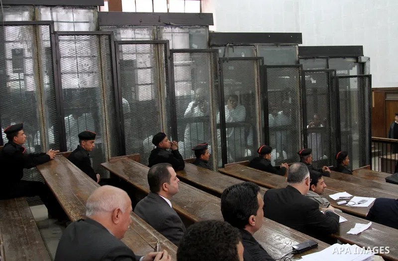Suspects of Ansar Bait Al-Maqdis group, attend their trial in Cairo on February 14, 2017, on charges of assassination of police officers, attempted assassination of interior minister Mohamed Ibrahim and explosions near s...