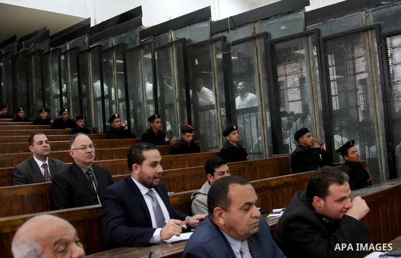 Suspects of Ansar Bait Al-Maqdis group, attend their trial in Cairo on February 14, 2017, on charges of assassination of police officers, attempted assassination of interior minister Mohamed Ibrahim and explosions near s...