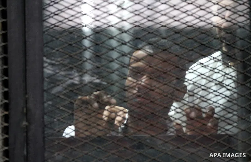 Suspects of Ansar Bait Al-Maqdis group, attend their trial in Cairo on February 14, 2017, on charges of assassination of police officers, attempted assassination of interior minister Mohamed Ibrahim and explosions near s...