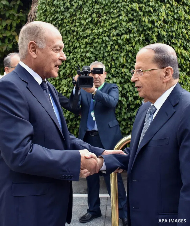Arab League Secretary General Ahmed Abul-Gheit welcomes Lebanese President Michel Aoun at an Arab League meeting in Cairo on February 14, 2017. Photo by Stringer