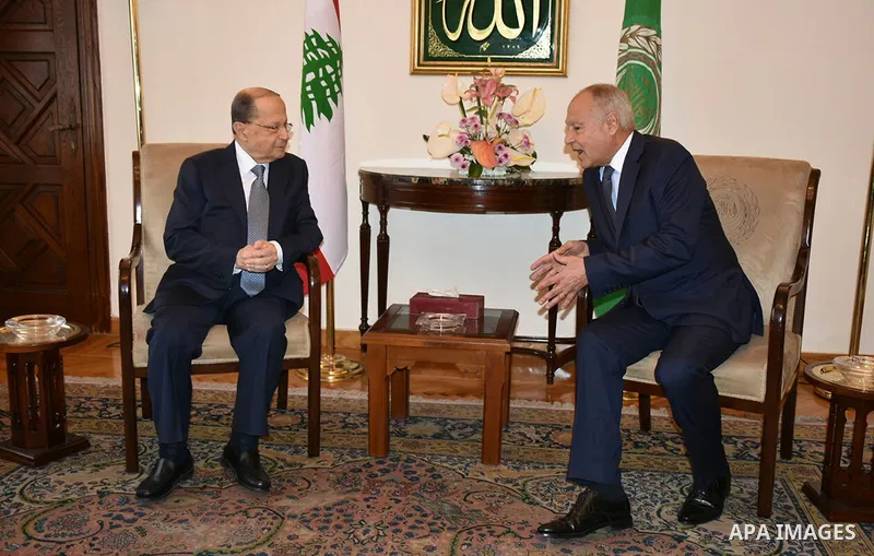 Arab League Secretary General Ahmed Abul-Gheit meets with Lebanese President Michel Aoun at an Arab League meeting in Cairo on February 14, 2017. Photo by Stringer