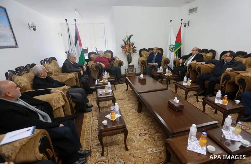 Palestinian chief of Election Commissioner, Hanna Nasser meets with members of Hamas leaders in Gaza city on February 15, 2017. Photo by Mohammed Asad