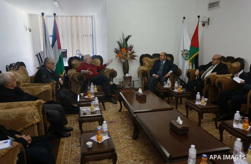 Palestinian chief of Election Commissioner, Hanna Nasser meets with members of Hamas leaders in Gaza city on February 15, 2017. Photo by Mohammed Asad