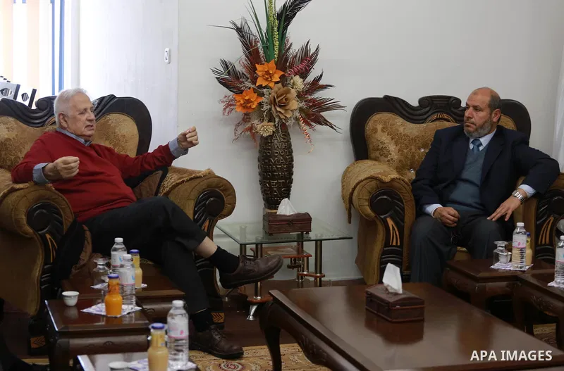 Palestinian chief of Election Commissioner, Hanna Nasser meets with members of Hamas leaders in Gaza city on February 15, 2017. Photo by Mohammed Asad