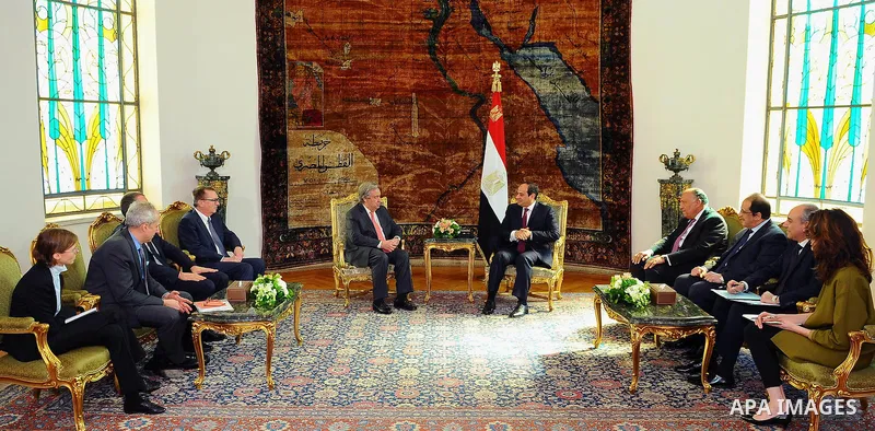 Egyptian President Abdel Fattah al-Sisi meets with United Nations Secretary General Antonio Guterres, in Cairo, Egypt on February 15, 2017. Photo by Egyptian President Office
