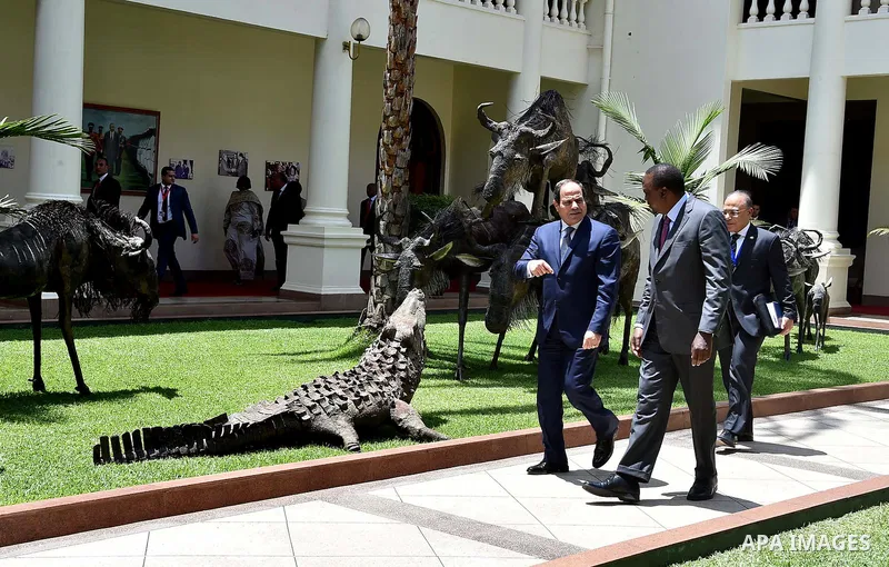 Egyptian President Abdel Fattah el-Sisi,and Kenyan President Uhuru Kenyatta reviewing the honor guard during a welcoming ceremony at Government Palace in Nairobi, Kenya on February 18, 2017. Photo by Egyptian President O...