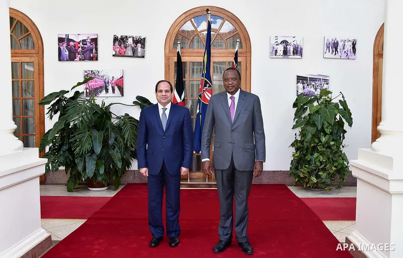 Egyptian President Abdel Fattah el-Sisi,and Kenyan President Uhuru Kenyatta reviewing the honor guard during a welcoming ceremony at Government Palace in Nairobi, Kenya on February 18, 2017. Photo by Egyptian President O...