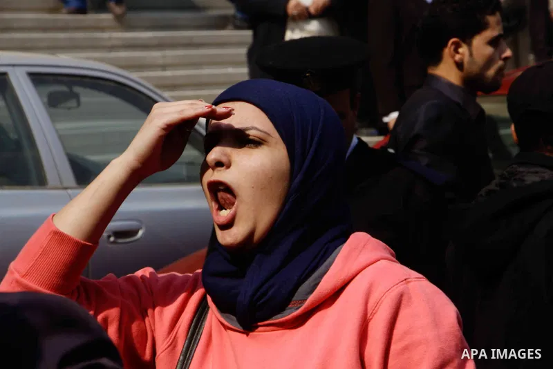 Egyptian family members of victims of the Port Said massacre react outside the Court of Cassation following the court's ruling in the case, in Cairo, on February 20, 2017. An Egyptian court upheld death sentences against...