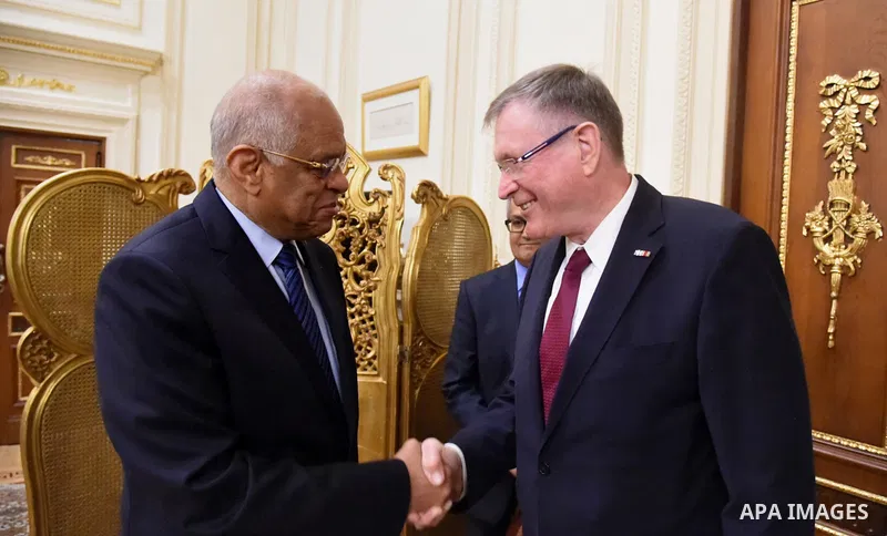 Speaker of Egypt's parliament, Ali Abdel-Al, meets with Vice-President of the German Parliament، Johannes Zinghammer, in Cairo, Egypt, on February 21, 2017. Photo by Stringer