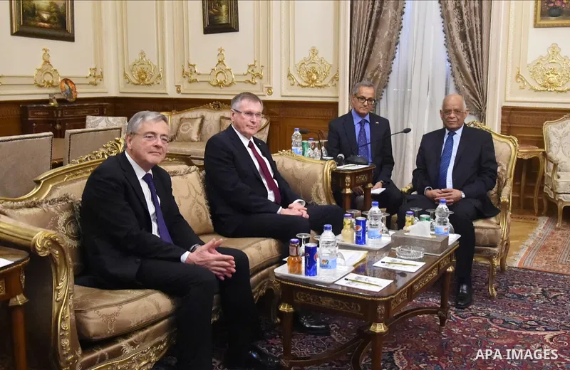 Speaker of Egypt's parliament, Ali Abdel-Al, meets with Vice-President of the German Parliament، Johannes Zinghammer, in Cairo, Egypt, on February 21, 2017. Photo by Stringer
