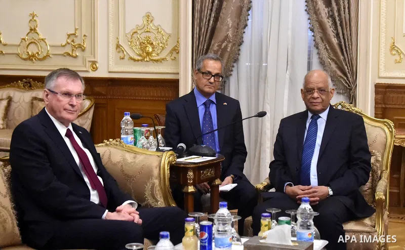 Speaker of Egypt's parliament, Ali Abdel-Al, meets with Vice-President of the German Parliament، Johannes Zinghammer, in Cairo, Egypt, on February 21, 2017. Photo by Stringer