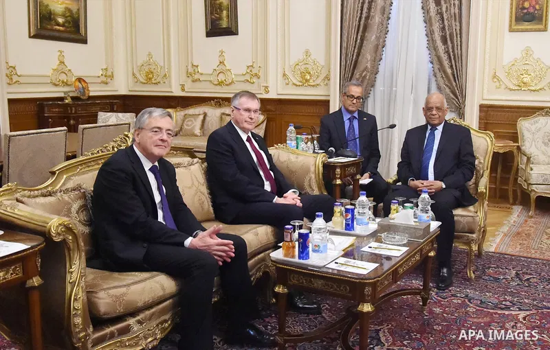 Speaker of Egypt's parliament, Ali Abdel-Al, meets with Vice-President of the German Parliament، Johannes Zinghammer, in Cairo, Egypt, on February 21, 2017. Photo by Stringer