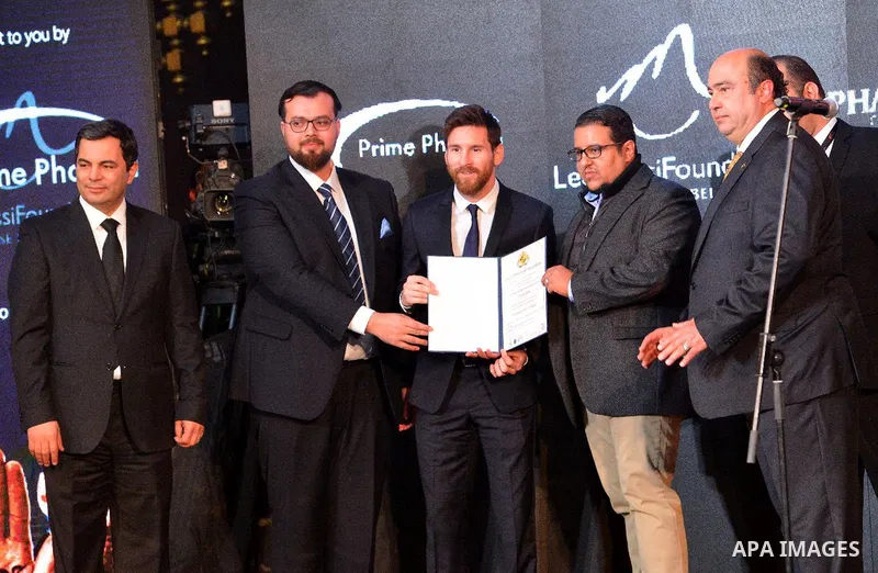 Barcelona's Argentinian striker Lionel Messi attends a press conference in Cairo's northern Giza district on February 21, 2017. Messi arrived in Egypt for a one-day visit to promote the country's Tour n'Cure medical tour...