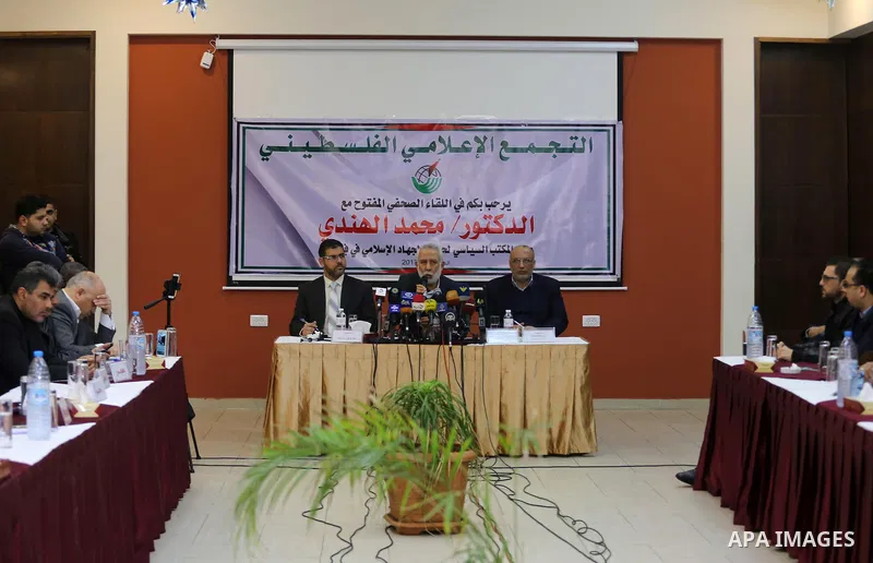 Islamic Jihad leader Mohammed al-Hindi speaks during a meeting in Gaza city, on February 25, 2017. Photo by Mohammed Asad