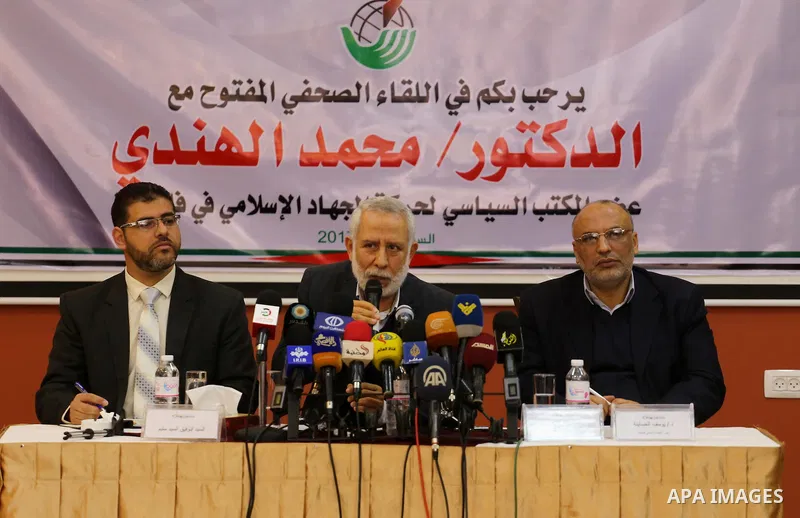 Islamic Jihad leader Mohammed al-Hindi speaks during a meeting in Gaza city, on February 25, 2017. Photo by Mohammed Asad