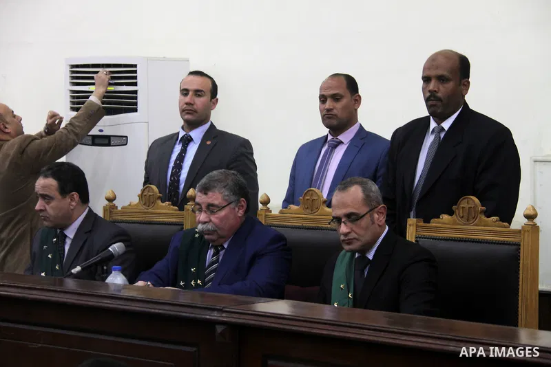 Egyptians judges attends the trial of Egyptian Muslim Brotherhood defendants in a case known in media as "Rabaa Operations Room", in Cairo, on February 25, 2017. Photo by Amr Sayed
