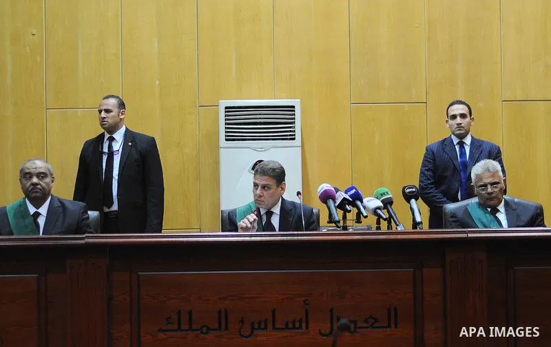 Egyptian Judges attends the trial of Egyptian ousted president Mohammed Morsi and members of defendants of Egyptian Muslim Brotherhood on the outskirts of the capital Cairo, on February 26, 2017. Photo by Egyptian Presid...