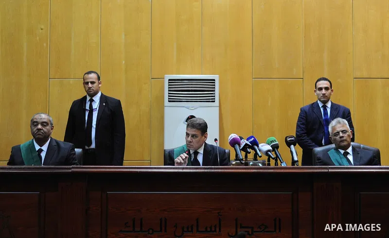 Egyptian Judges attends the trial of Egyptian ousted president Mohammed Morsi and members of defendants of Egyptian Muslim Brotherhood on the outskirts of the capital Cairo, on February 26, 2017. Photo by Egyptian Presid...