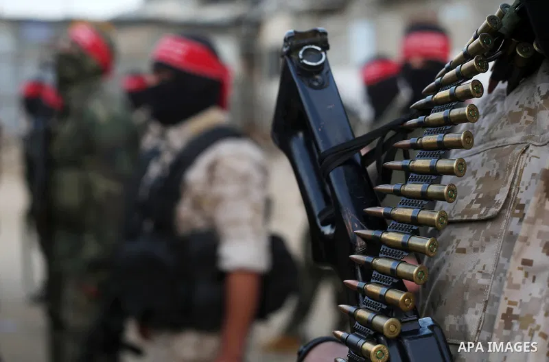 Palestinian militants of the Democratic Front for the Liberation of Palestine (DFLP) take part in a military show in Rafah in the southern Gaza Strip February 28, 2017. Photo by Ashraf Amra