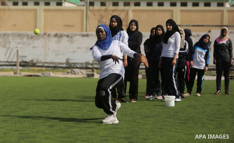 Palestinian girls take part in Baseball training, in Gaza city, on February 20, 2017. Baseball is a bat-and-ball game played between two teams of nine players each, who take turns batting and fielding. Baseball is though...