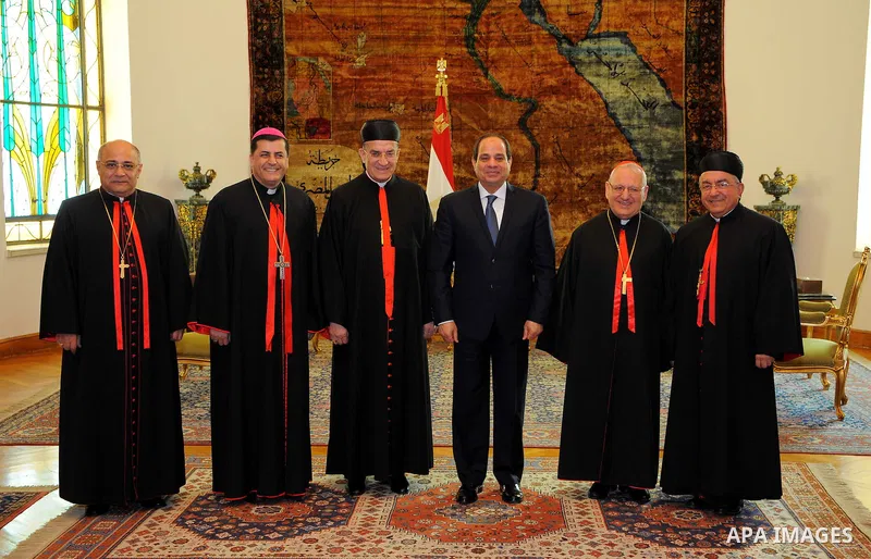 Egyptian President Abdel Fattah al-Sisi meets with Lebanon's Cardinal Mar Bechara Boutros al-Rai and Louis Raphael Sako, the Patriarch of the Chaldean Church in Iraq, in Cairo, on March 2, 2017. Photo by Egyptian Preside...