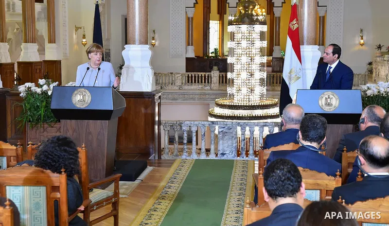 Egyptian President Abdel Fattah al-Sisi and German Chancellor Angela Merkel address a joint news conference following talks at the El-Thadiya presidential palace in Cairo, Egypt, March 2, 2017. Photo by Egyptian Presiden...